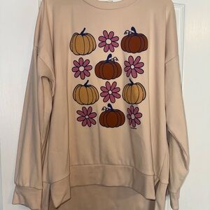 Beige Sweatshirt with Pumpkin and Flower Design